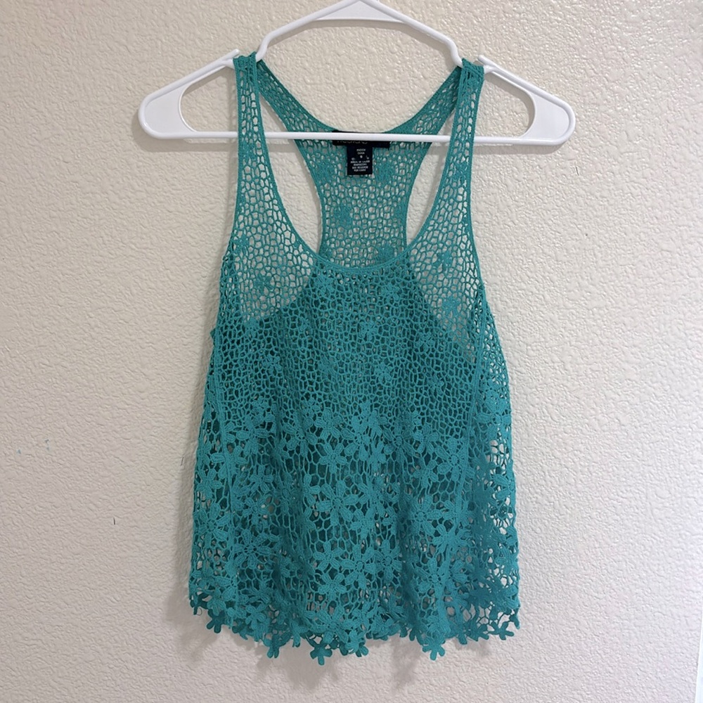 This is a cute little blue flower-woven tank, super cute over a white tee!